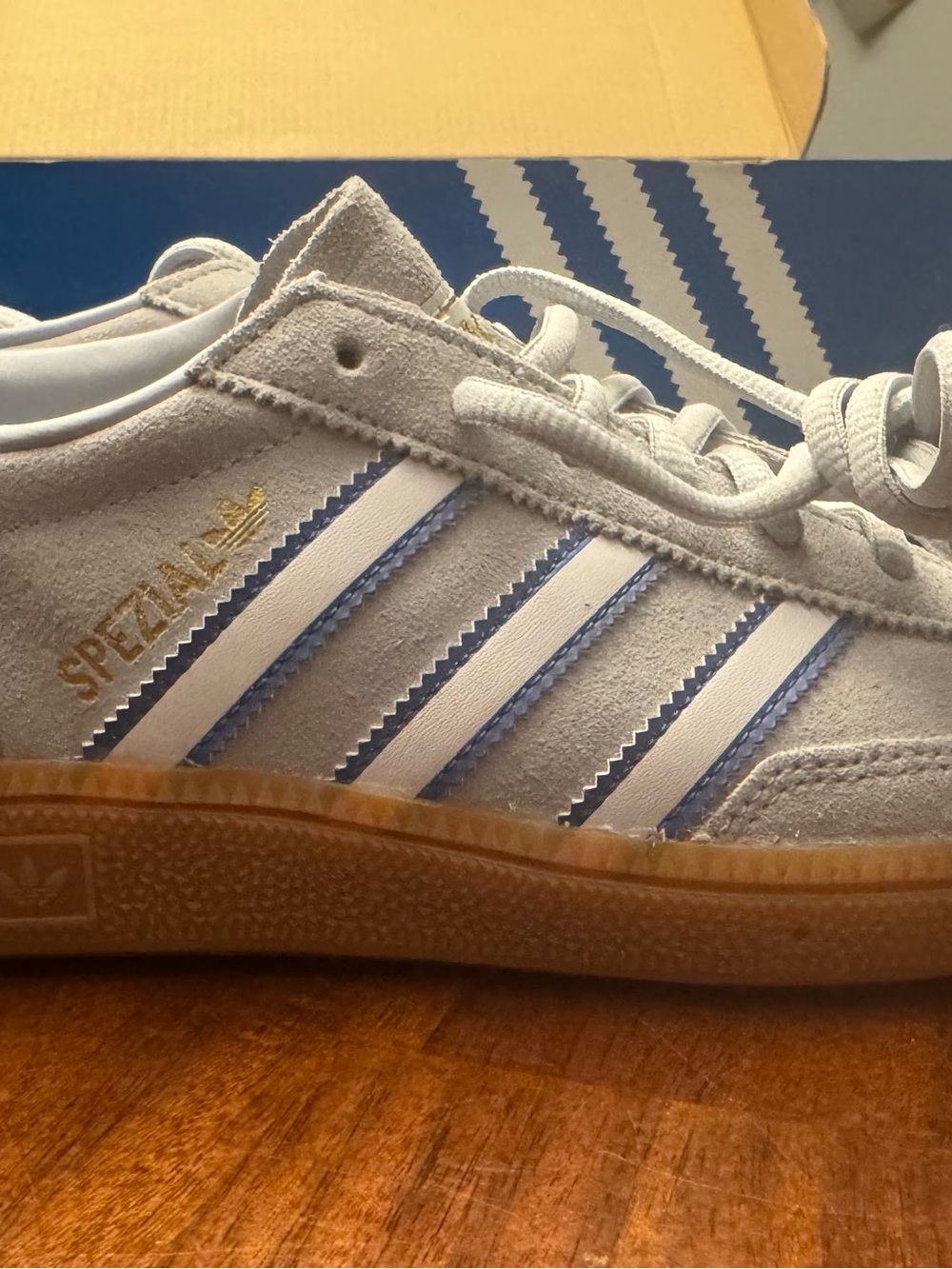 adidas Kids Spezial Suede Sneakers in Light Gray with Blue & White Stripes